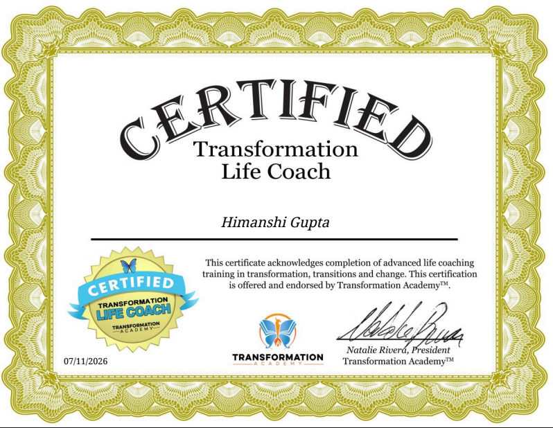 Certified Transformation Life Coach certificate, awarded by Transformation Academy